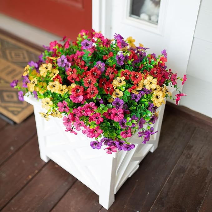 Artificial Fake Plants Flowers for Outdoor Outside Spring Summer Decoration, 12 Bundles Faux Silk Colorful Mix Daisy UV Sun Resistant Realistic for Porch Patio Home Planter Window Box Yard