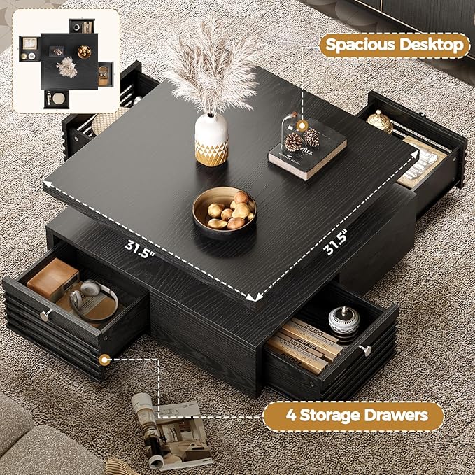 IRONCK Coffee Table with LED Light and Charging Station, 4 Storage Drawers with Grille Design, Square Coffee Table for Living Room Office Reception Room (Black)