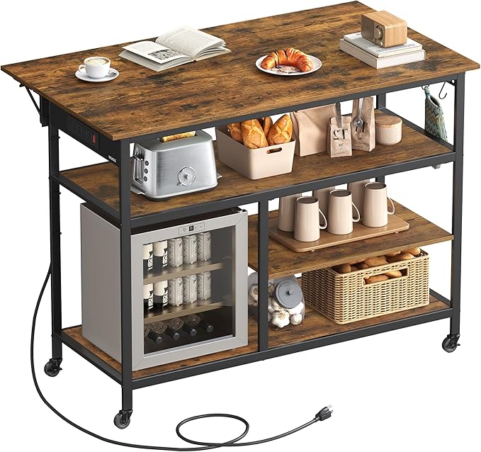 VASAGLE Kitchen Island with Drop Leaf, 47.2" Width Rolling Kitchen Cart with Power Strip, Extendable Worktop, Workbench,Pegboard, Adjustable Shelf, Rustic Brown and Ink Black UKKI013K01