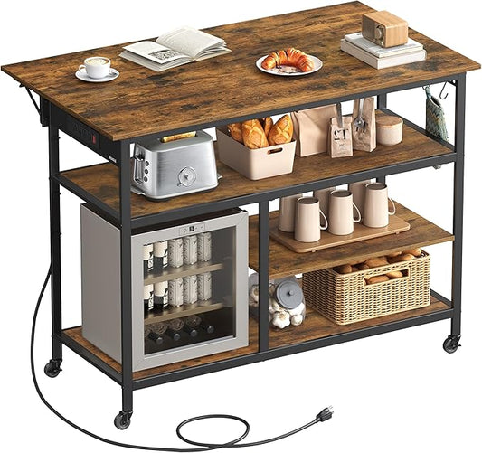 VASAGLE Kitchen Island with Drop Leaf, 47.2" Width Rolling Kitchen Cart with Power Strip, Extendable Worktop, Workbench,Pegboard, Adjustable Shelf, Rustic Brown and Ink Black UKKI013K01