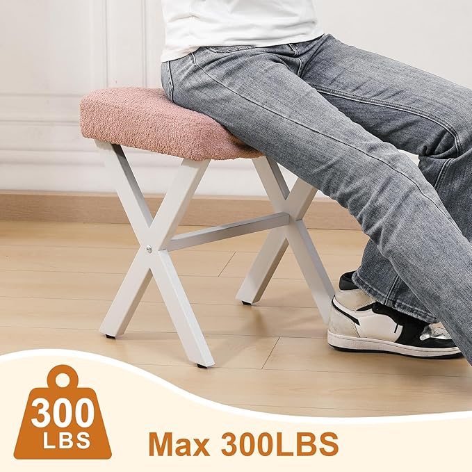 18-Inch Vanity Stool Chair, Vanity Bench with Metal X-Legs, Ottoman Accent Stool with Breathable and Soft Boucle Fabric Saddle Seat, Pink