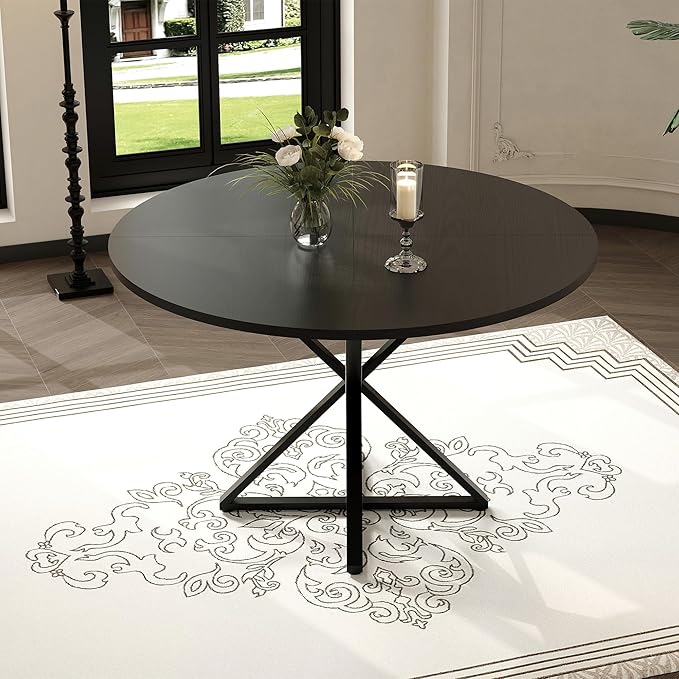 GarveeHome 47 inch Round Dining Table for 4, Black, Farmhouse Wood Circle Pedestal Kitchen Table, Circle Dinner Table for Kitchen & Dining Room