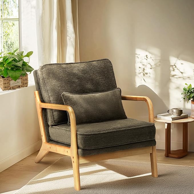 COLAMY Mid Century Modern Accent Chair with Lumbar Pillow, Relaxing Armchair with Solid Wood Frame & Soft Cushion, Reading Leisure Chair for Living Room,Bedroom,Waiting Room（Green）