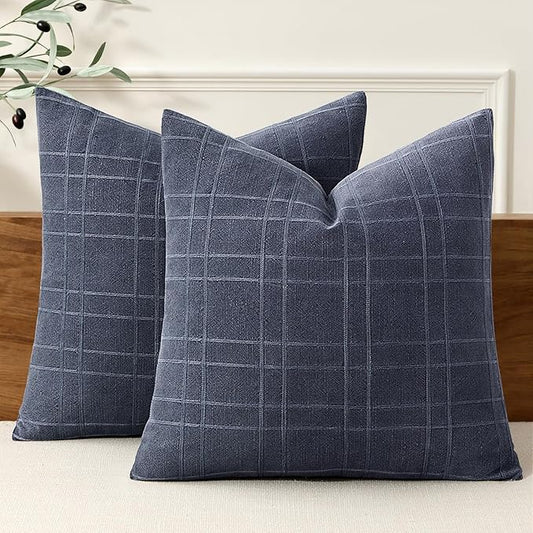 MIULEE Decorative Linen Check Euro Shams Throw Pillow Covers Neutral Farmhouse Vintage Pillow Covers 24x24 Set of 2 Boho Modern Home Decor for Sofa Couch Bedroom Cushion Navy Blue