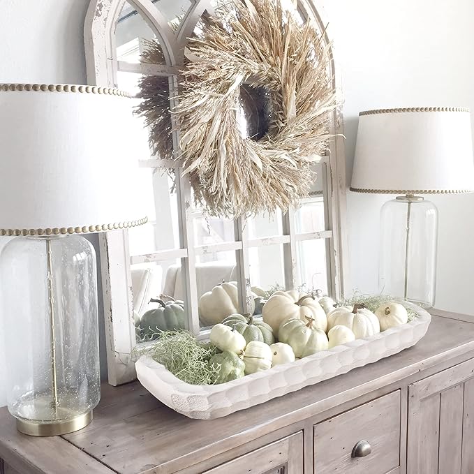 Decorative Bowl for Home Decor, Long Dough Bowl with Hand Carved Irregular Texture, Unique Table Centerpieces, Wooden Home Decor Accents for Farmhouse Boho Rustic Style(16.1"x 5.5" Washed White)