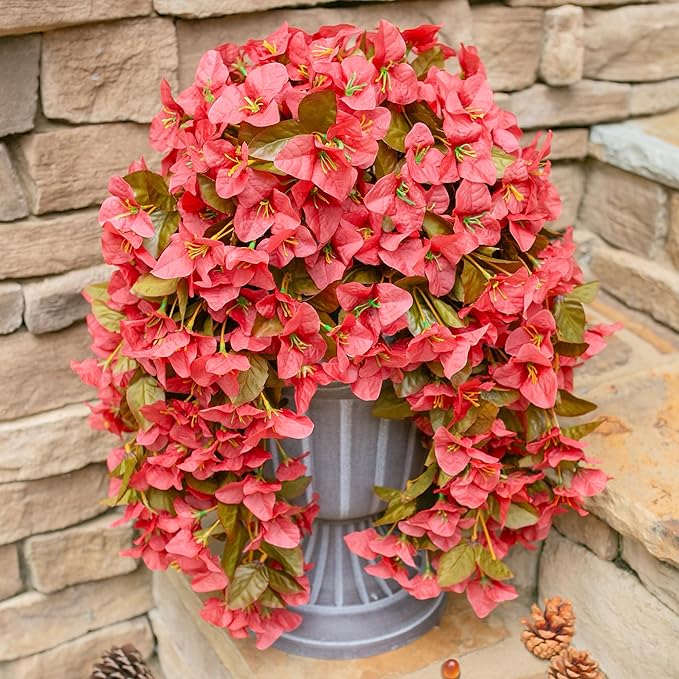 Bougainvillea Artificial Fall Hanging Flowers Plants for Outdoors Autumn Decoration, 2pcs Faux Bougainvillea Vines Red Fake Flowers Realistic UV Resistant Silk Flowers for Outside Planter Yard Home