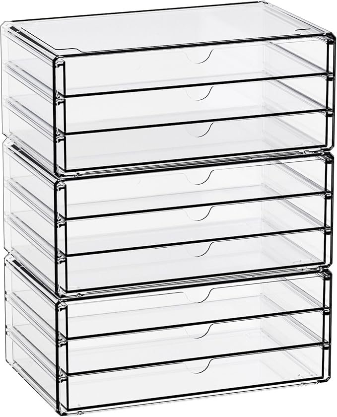 Yieach 11.1 Inch Long Clear Drawer Organizers Stackable,3 Pack Small Acrylic Drawers,School,Office Supplies Organizer And Storage Bins for Stationery,Marker,Pen,Pencil,Craft Desktop Storage Drawers