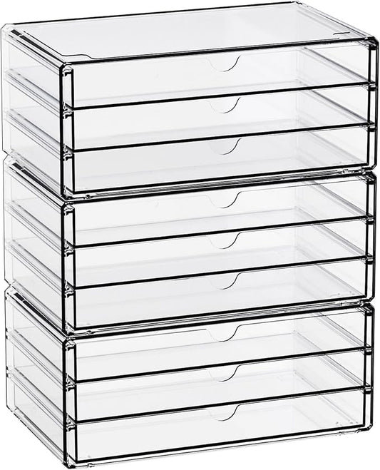 Yieach 11.1 Inch Long Clear Drawer Organizers Stackable,3 Pack Small Acrylic Drawers,School,Office Supplies Organizer And Storage Bins for Stationery,Marker,Pen,Pencil,Craft Desktop Storage Drawers