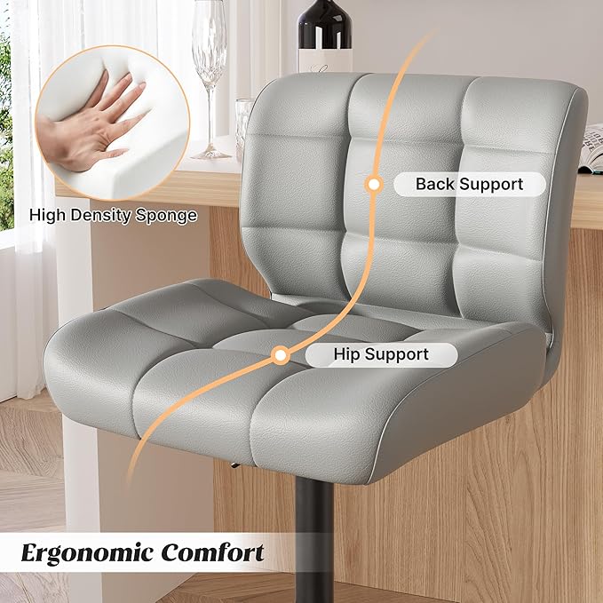 Modern Bar Stools Set of 6, Faux Leather Upholstered Swivel Bar Stools, Adjustable Counter Height Bar Chairs with High Back and Footrest for Kitchen Island (Light Grey)