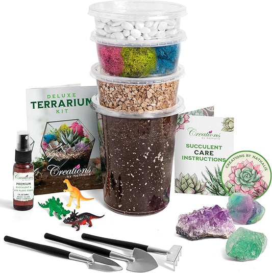 – DIY Large Terrarium Starter Kit with Soil, Moss, Pebbles, Healing Crystal, Tools & Supplies – Terrarium Kit for Adults & Kids, Handcrafted in USA