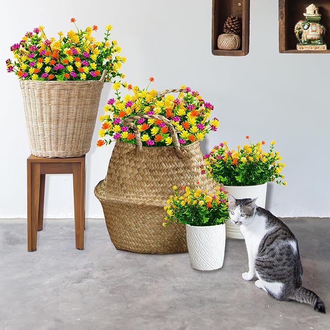 Artificial Flowers, UV Resistant Boxwood Shrubs for Christmas Outdoor Decor - No Maintenance Greenery Plants - Perfect for Hanging Planters, Weddings, and Farmhouse Decor (12, Mix-2)