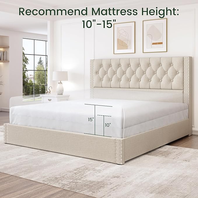 LARMACE King Size Bed Frame with 4 Storage Drawers and Tufted Headboard Linen Upholstered Platform Bed Frame with Heavy Duty Wood Slats, No Box Spring Needed, Easy Assembly, Beige