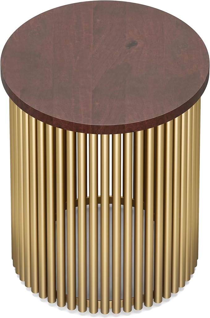 SIMPLIHOME Demy 18-inch Wide Metal and Solid Mango Accent Table in Cognac/Gold, Round Side Table with Mango Wood Top for Living Room or Bedroom, Industrial Style, Assembled