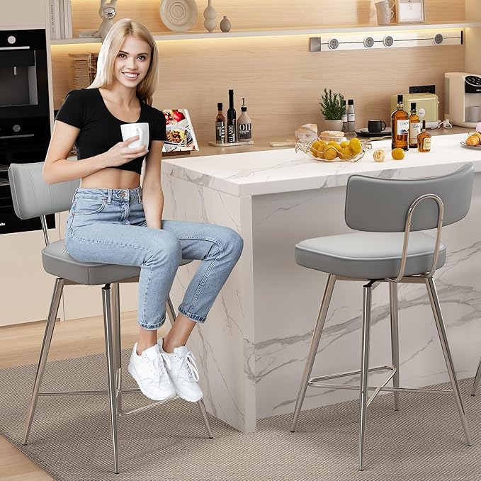 Swivel Counter Height Bar Stools Set of 2, 26" Leather Kitchen Swivel Counter Stools with Backs, Metal Legs and Footrest, Bar Chairs for Kitchen Island, Gray