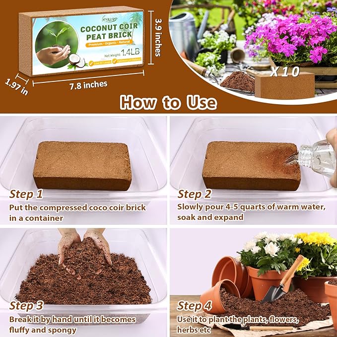 Legigo Pack of 10 Organic Coco Coir Bricks- 100% Natural Compressed Coco Peat Brick Coconut Fiber Substrate with Low EC&pH Balance, Plant Soil Enhance Root Growth for Herbs, Flowers, House Plants