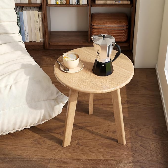 100% Solid Oak Round Side Table Set of 2, Small Bedside Table for Small Spaces, Living Room End Table with Stable Frame, Modern Nightstand for Bedroom Couch(Natural, 17.71" D x 19.68" H)