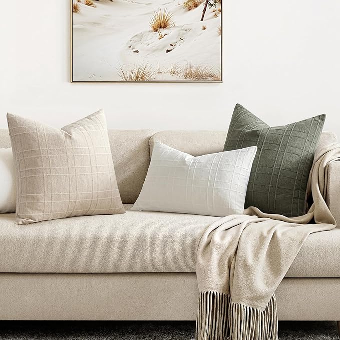 MIULEE Decorative Linen Check Throw Pillow Covers Neutral Farmhouse Vintage Christmas Pillow Covers 20x20 Set of 2 Boho Modern Home Decor for Sofa Couch Bedroom Cushion Natural Beige