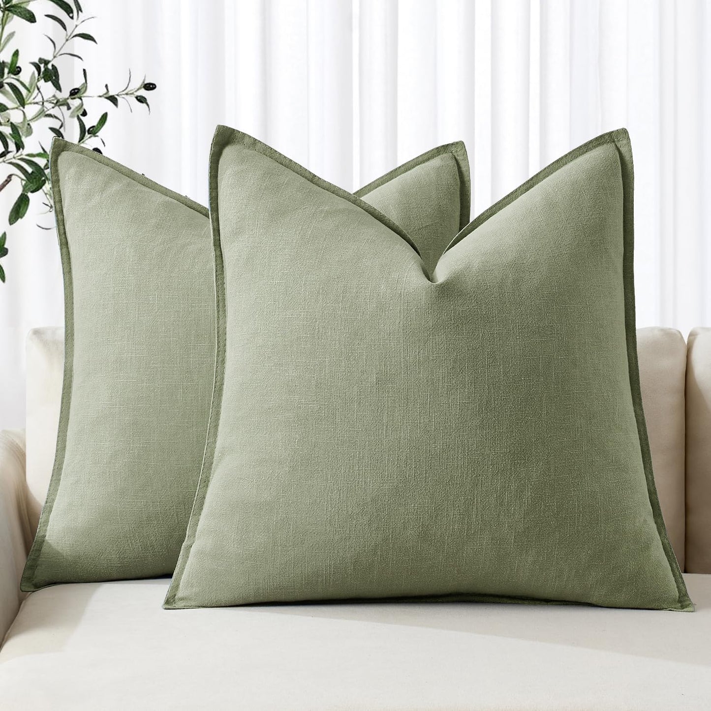 MIULEE Decorative Linen Euro Sham Pillow Covers 24x24 Sage Green Boho Farmhouse Neutral Couch Throw Pillows for Bed Pack of 2 Accent Modern Pillowcase Summer Sofa Livingroom Home Decor