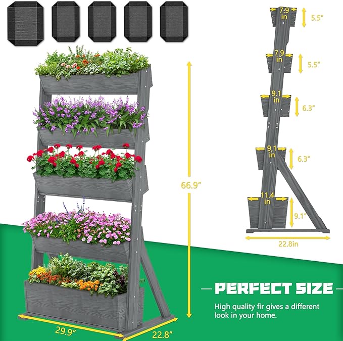 DoCred Vertical Wooden Raised Garden Bed, 5 Tier Garden Planters Freestanding Wood Plant Stand Flower Rack Wooden Planter Box for Plants Herbs Flowers Vegetables Outdoor Indoor Gardening