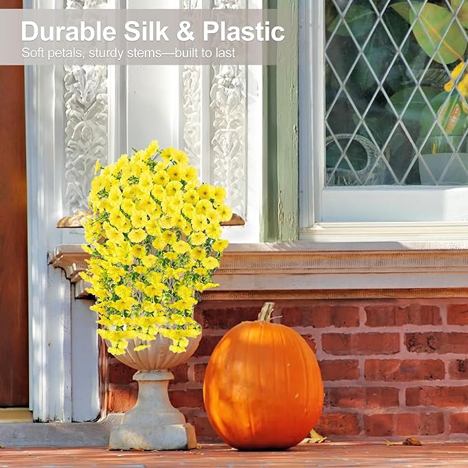 Artificial Flowers for Outdoors Decoration, 4Pcs Fake Hanging Flowers Morning Glory UV & Fading Resistant, Artificial Faux Plants Deocr for Home Porch Patio Balcony Planter Yard Garden Farmhouse