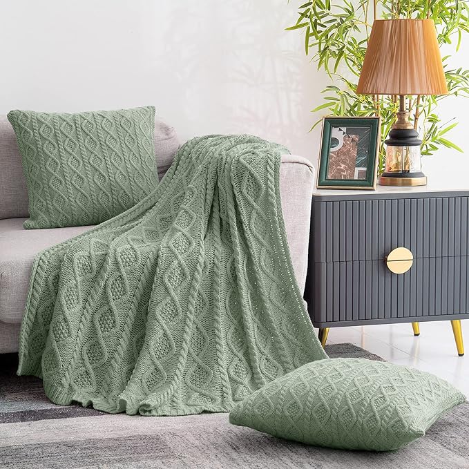 Homiest Cable Knit Throw Blanket and Pillow Set, Sage Green Set of 3, Knitted Throw (50"x60") & 2 Pillow Covers (18"x18"), Soft & Cozy Decorative for Couch Bed Sofa