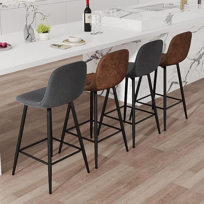 Barstools Set of 4, 24.6" Counter Height Bar Stools with Back & Metal Footrest, Modern Island Chairs Set of 4 for Kitchens Island Home Bar(2 Brown & 2 Grey)