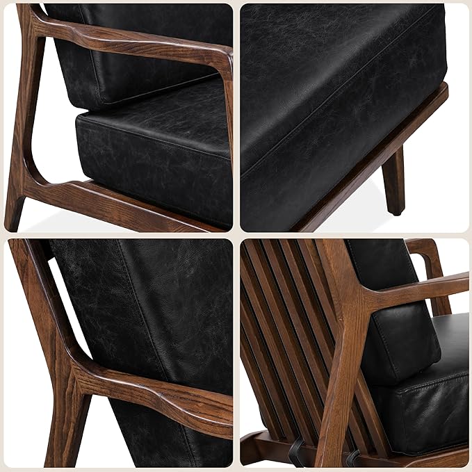 POLY & BARK Verity Leather Accent Chair – Armchair with Walnut Wood Frame – Fashion-Forward Lounge Seating for Living Room – Upholstered in Onyx Black Leather for Modern Style