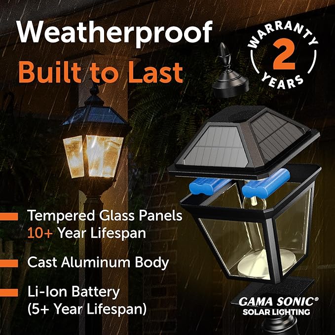 Gama Sonic Imperial Bulb V2 Outdoor Solar Lamp Post Light, Black Aluminum, Single Lamp with 3-inch Fitter for Posts or Pier Mount (Sold Separately), Warm White 2700K,