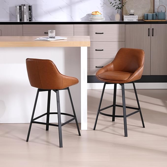 Zesthouse Swivel Counter Height Stools Set of 4, Modern Upholstered Barstools with Backs, 26'' Faux Leather Counter Height Bar Stools, Metal High Chairs for Island Kitchen, Brown