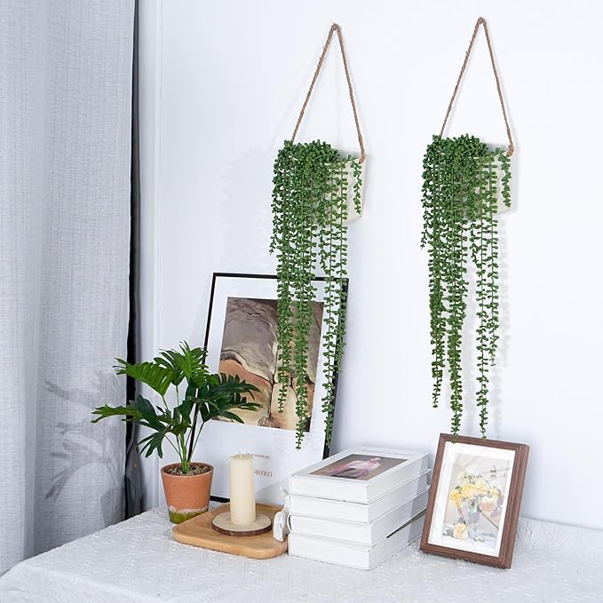 4 Pack String of Pearls Artificial Plant with Wall Planters 29.5 Inch Faux Hanging Succulents Pearl Fake Draping Plants in Pots for Home Indoor Outdoor Shelf Wall Decor