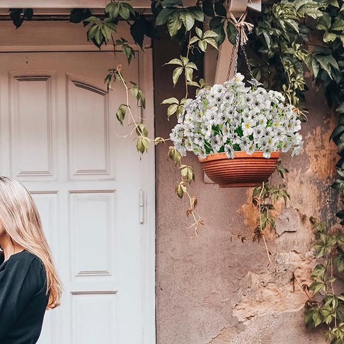 15 Bundles Artificial Flowers UV Resistant Outdoor Plants No Fade Faux Plastic Shrubs Fake Silk Flowers Window Box Garden Porch Home Decoration(White)