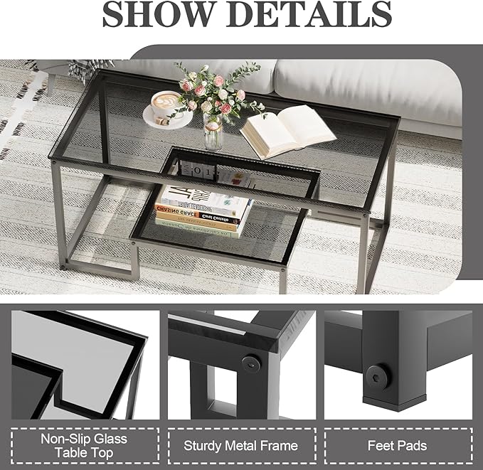 Coffee Table Grey Glass Coffee Table for Living Room,2 Tiers Rectangle Center Table with Sturdy Metal Frame,Modern Tempered Glass Accent Table for Bedroom Home Office
