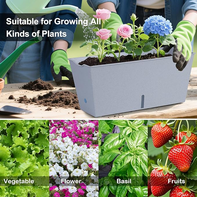 Window Box Planter 6 Pcs, 16.5 Inches Self Watering Rectangle Flower Plant Pots with Drainage Holes Trays, Vegetable Planters for Windowsill Patio Garden Balcony Porch Yard (Grey)