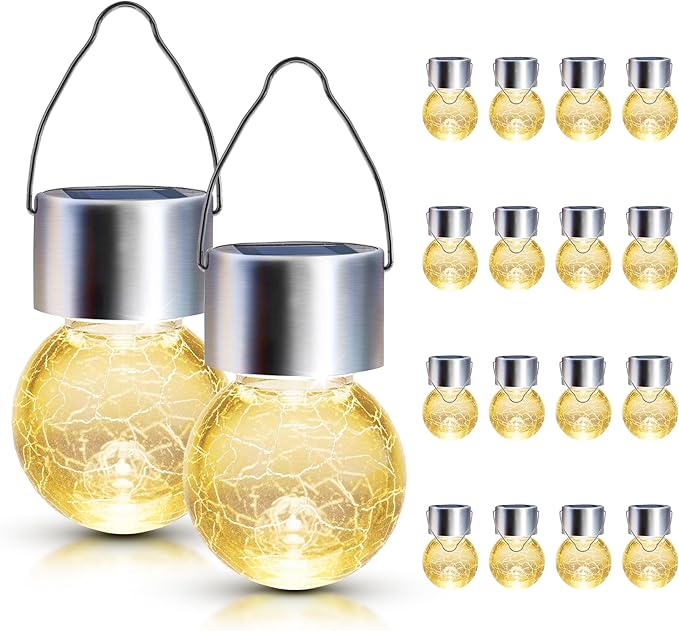 GIGALUMI 16 Pack Solar Hanging Lights for Christmas Decoration - Cracked Glass Solar Lights Outdoor Waterproof for Garden, Yard, Fence, Tree (Warm White)