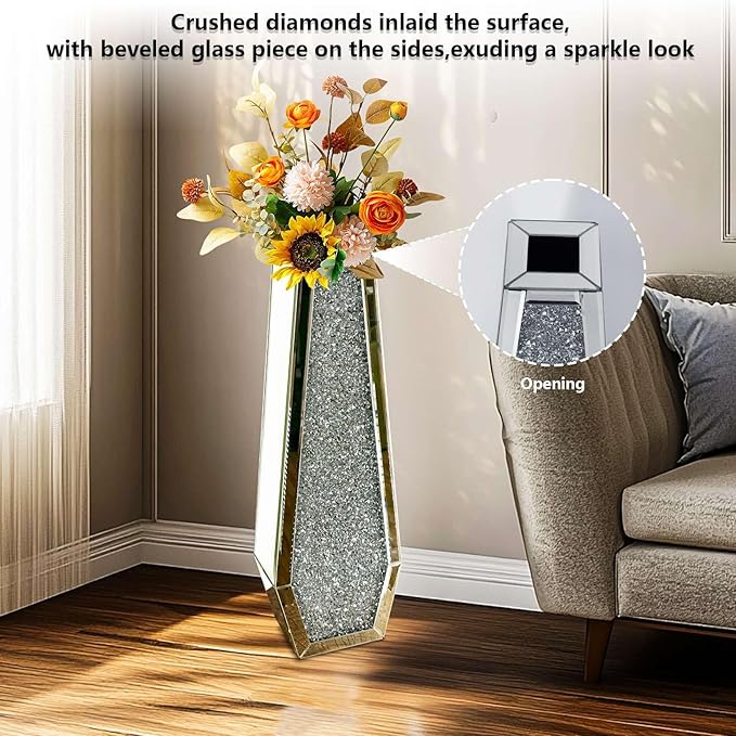 Mirrored Flower Vase Decorative: Crushed Diamond Glass Mirror Vase Large Luxury Bling Crystal Silver Hexagon Shaped Decor for Home Centerpieces, Won't Hold Water