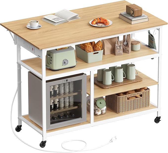 VASAGLE Kitchen Island with Drop Leaf, 47.2" Width Rolling Kitchen Cart with Power Strip, Extendable Worktop, Workbench,Pegboard, Adjustable Shelf, Golden Oak and Cloud White UKKI013Y01