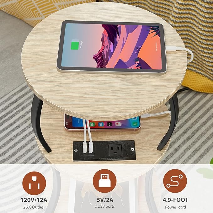 Small Round Side Table with Charging Station, 3-Tier Waist Circular End Table with Storage Shelf, Compact Tea Sofa Side Table Small Spaces, Round Corner Coffee Table for Living Room Bedroon,Oak