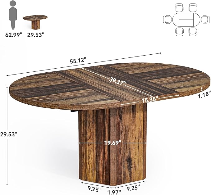 LITTLE TREE 55-Inch Rustic Oval Dining Table for 6, Wood Kitchen Table, Country Chic Furniture for Kitchen, Dining Room & Living Room Wooden Base, Brown Finish