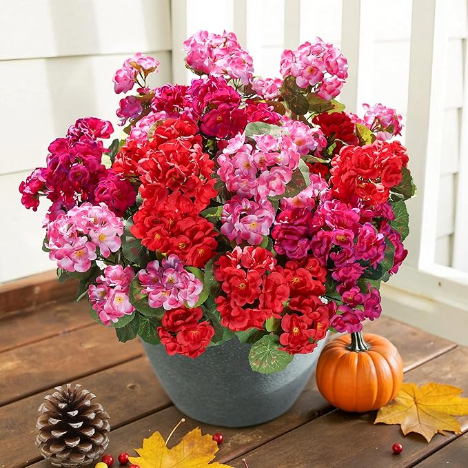 Artificial Geraniums Fake Flowers for Outdoors Decoration, 6 Bundles Silk Geraniums Flower UV Resistant Look Real Faux Plants for Front Door Garden Porch Planter Patio Balcony Yard Indoor Home, Mix