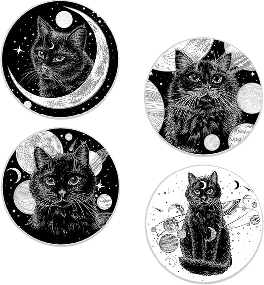 Black Cat Drinks Coasters Set of 4,Ceramic Absorbent Stone Cup Mat with Cork Base,Table Home Decor, Ideal Gifts for Women Men