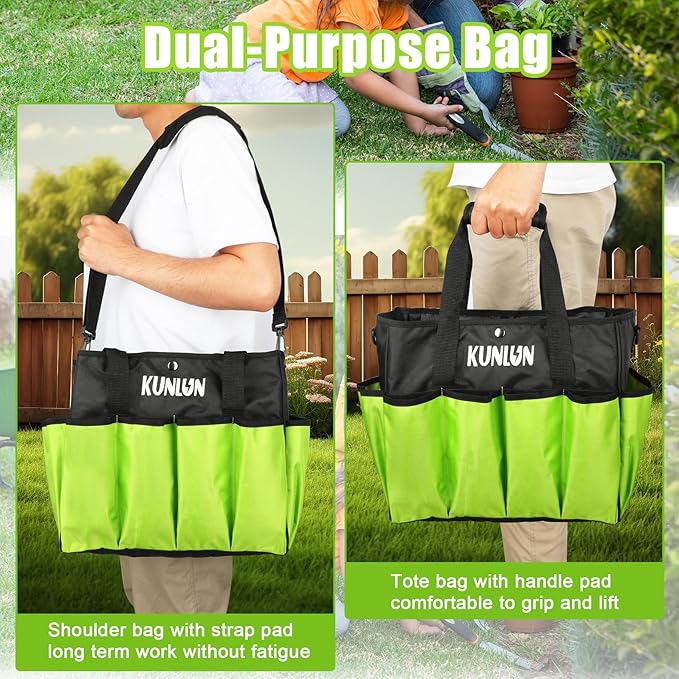 KUNLUN Gardening Tote Bag, Garden Tool Bag with 14 Pockets & Elastic Belt, Heavy Duty Standable Garden Tote Storage Bag with Long Adjustable Shoulder Strap for Indoor and Outdoor Use