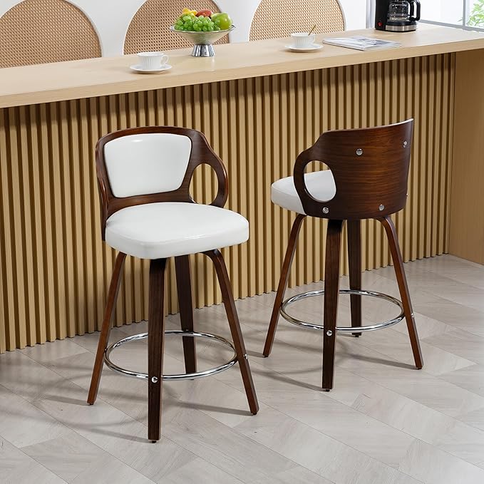 ECOTOUGE Swivel Bar Stools Set of 2, Walnut Faux Leather Counter Height Barstools with Bentwood Back and Footrest, for Dining Room, Kitchen Island and Pub, White