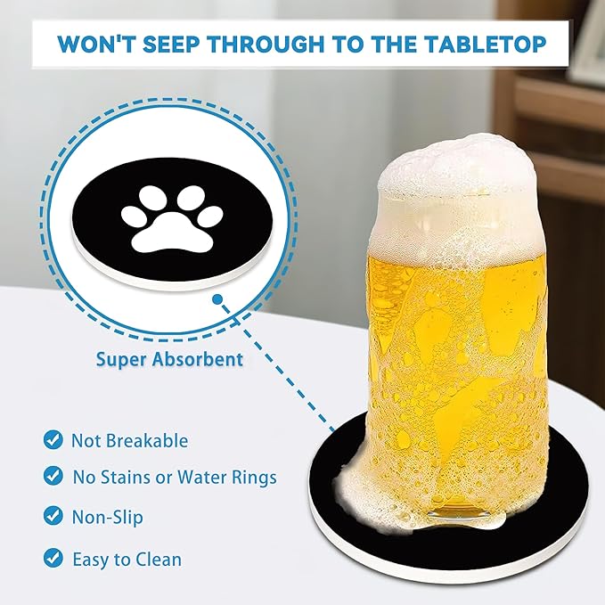 Drinks Coasters Set of 4, Black Cat Round 4" Cup Coasters, Absorbent Ceramic Stone Coasters with Cork Base, Cute Coasters for Table Home Décor, Ideal Gifts for Women Men