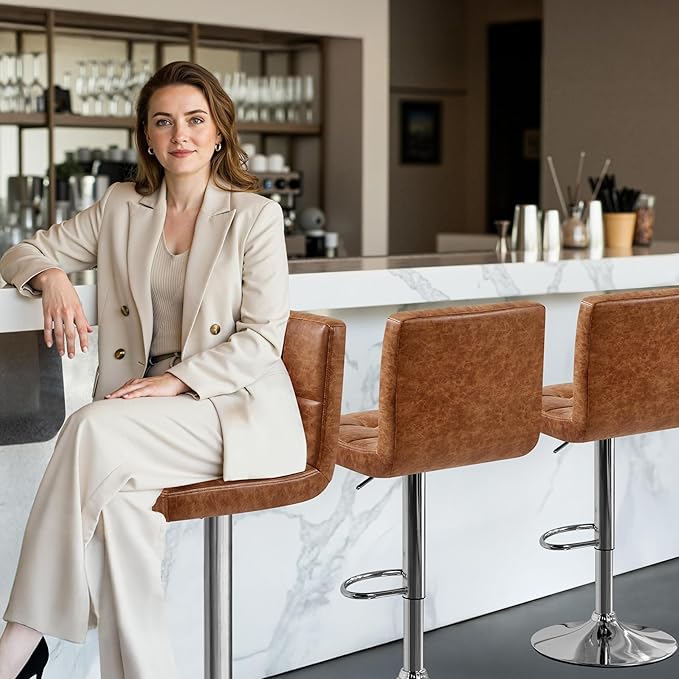 Yaheetech Bar Stools Set of 4, PU Leather Swivel Barstools, Height Adjustable Counter Chairs, Modern Stools with Back for Bar Kitchen Island Dining Room, Retro Brown