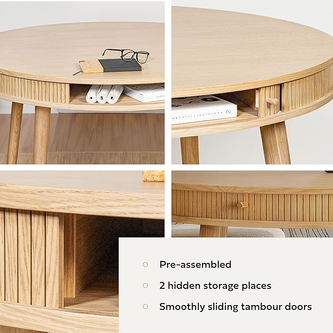 WERMO 47'' Round Dining Table for 4 People - Pre Assembled Round Kitchen Table with 2 Hidden Storages (Oak)