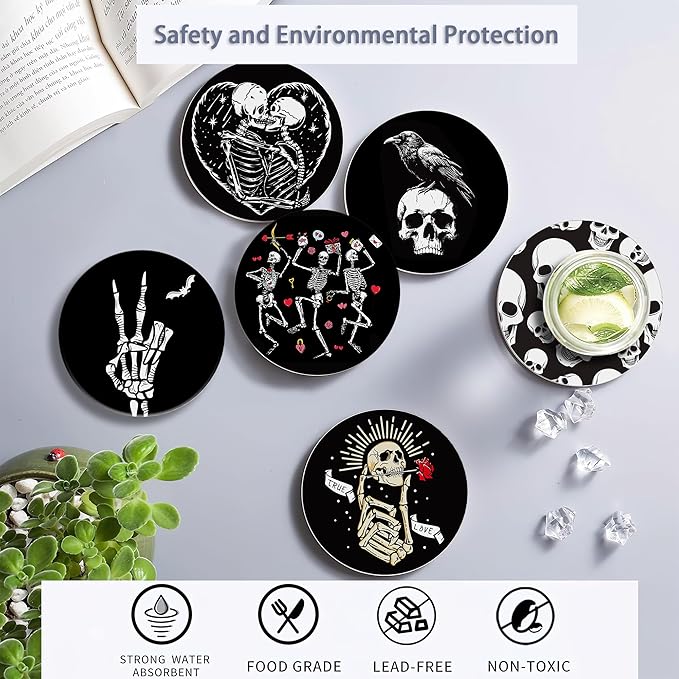 Coaster for Drinks Set of 6, Skeleton Skull Absorbing Round Ceramic Stone Coaster with Cork Base,Tabletop Protection Mat for Mugs and Cups,Coffee Table Wine Glass Home Bar 4 Inch