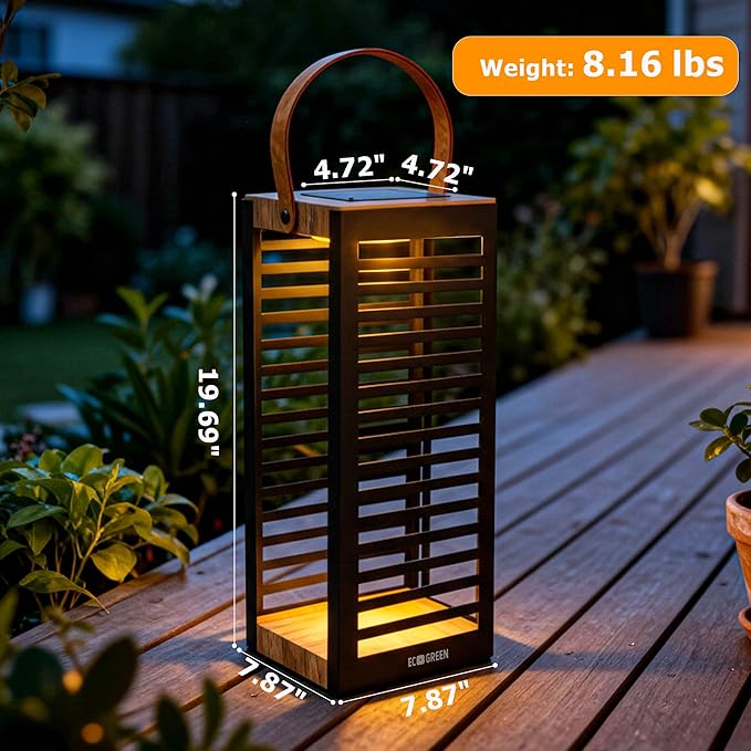 Solar Lantern with Handle - Outdoor Metal Solar Light (7.87×19.69"), Waterproof & Rustproof, 8H Auto-On Warm White Light, Portable for Patio, Porch, Balcony & Garden Decor (Black - 1 Pack)