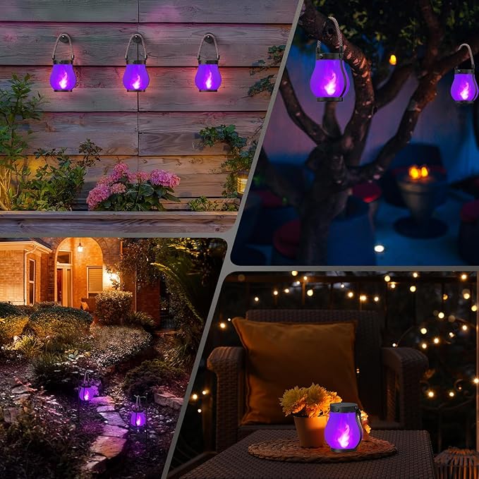Hompavo Gen2 Solar Lanterns Outdoor Waterproof with Realistic Flickering Flame, Dual Charging (USB/Solar) & 2 Modes - Decorative Hanging/Table Lights for Patio Garden Porch Halloween Decor, 2/Purple
