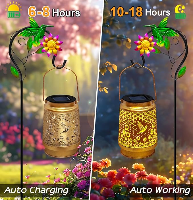 Solar Lanterns Outdoor Waterproof with Shepherd Hook,Hummingbird Garden Decor Christmas Decorations Birthday Gifts for Women Mom,Hanging Solar Lights Metal Bird Decorative for Yard,Patio,Porch,Lawn