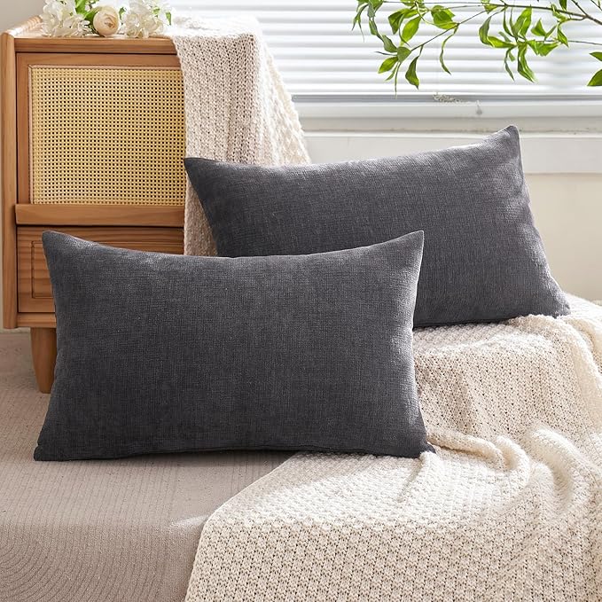 MIULEE Dark Grey Couch Pillow Covers 12x20 Inch, Set of 2 Soft Chenille Decorative Lumbar Throw Pillow Covers Farmhouse for Sofa Living Room Bed